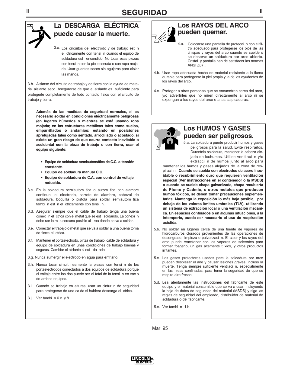 Seguridad, Los rayos del arco pueden quemar, La descarga eléctrica puede causar la muerte | Los humos y gases pueden ser peligrosos | Lincoln Electric IM728 INVERTEC V205-T AC_DC TIG User Manual | Page 3 / 36