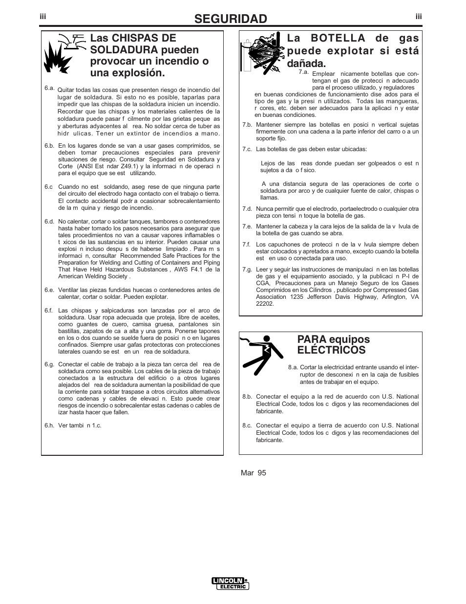 Seguridad, Para equipos eléctricos, La botella de gas puede explotar si está dañada | Lincoln Electric IM728 INVERTEC V205-T AC_DC TIG User Manual | Page 4 / 36