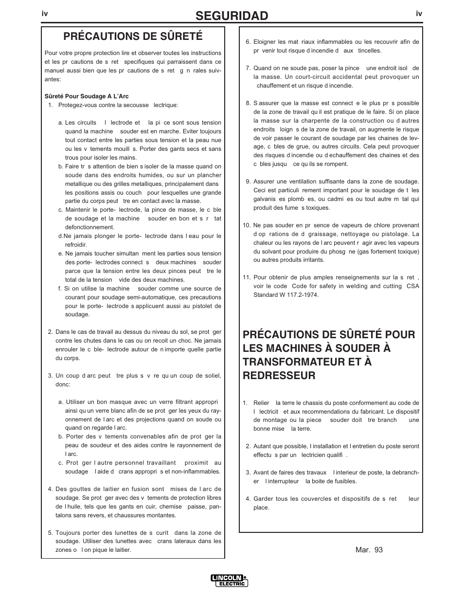 Seguridad, Précautions de sûreté | Lincoln Electric IM728 INVERTEC V205-T AC_DC TIG User Manual | Page 5 / 36