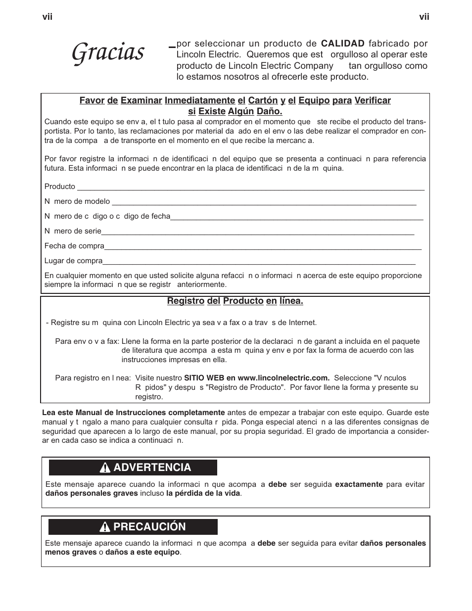 Gracias, Advertencia, Precaución | Lincoln Electric IM728 INVERTEC V205-T AC_DC TIG User Manual | Page 6 / 36