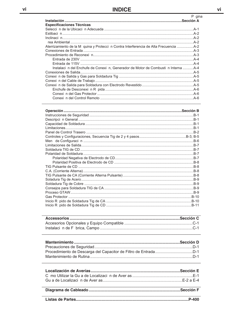 Indice | Lincoln Electric IM728 INVERTEC V205-T AC_DC TIG User Manual | Page 7 / 36