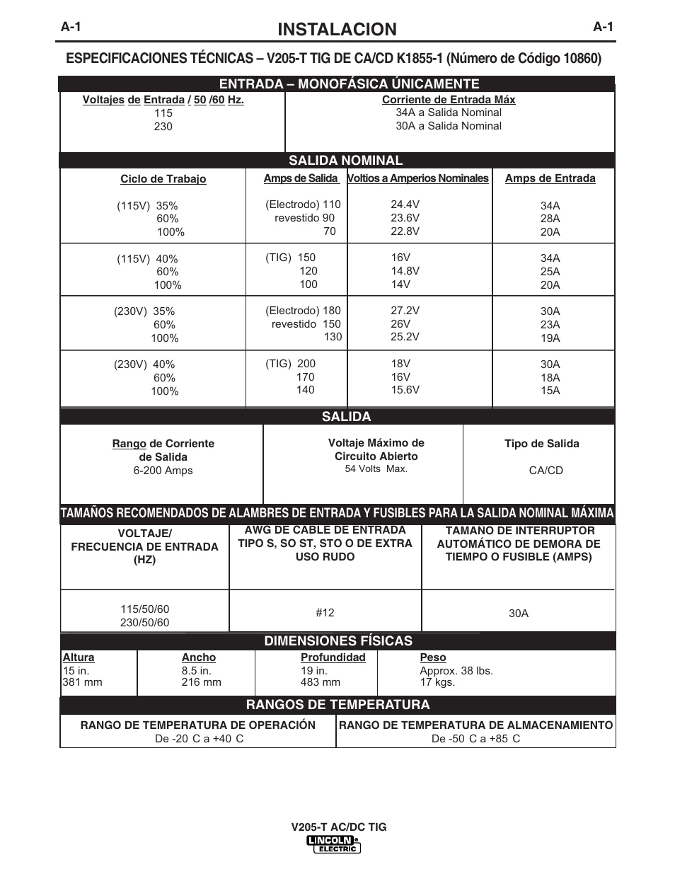 Instalacion | Lincoln Electric IM728 INVERTEC V205-T AC_DC TIG User Manual | Page 8 / 36