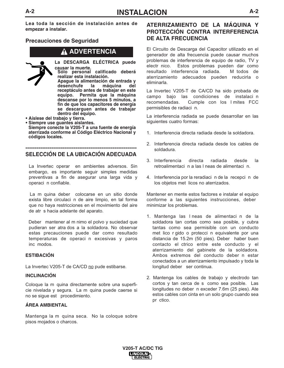 Instalacion, Advertencia | Lincoln Electric IM728 INVERTEC V205-T AC_DC TIG User Manual | Page 9 / 36