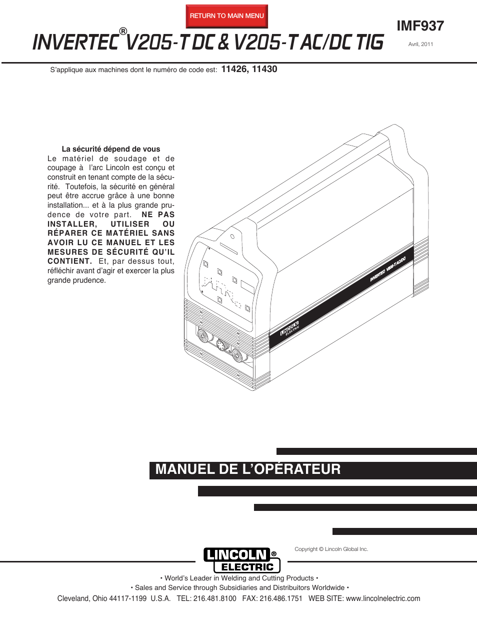 Lincoln Electric IM937 INVERTEC V205-T AC_DC TIG User Manual | 40 pages
