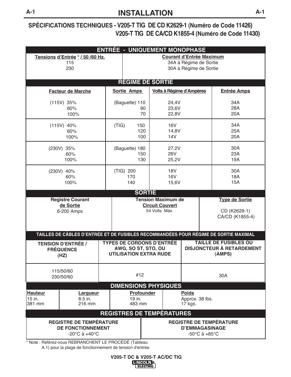 Installation, Spécifications techniques, Numéro de code | Lincoln Electric IM937 INVERTEC V205-T AC_DC TIG User Manual | Page 10 / 40
