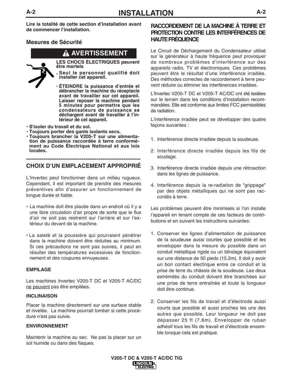 Installation, Avertissement | Lincoln Electric IM937 INVERTEC V205-T AC_DC TIG User Manual | Page 11 / 40