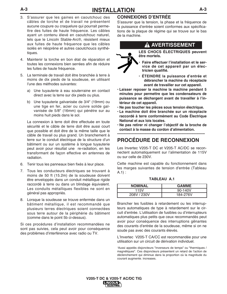 Installation, Procédure de reconnexion, Avertissement | Lincoln Electric IM937 INVERTEC V205-T AC_DC TIG User Manual | Page 12 / 40