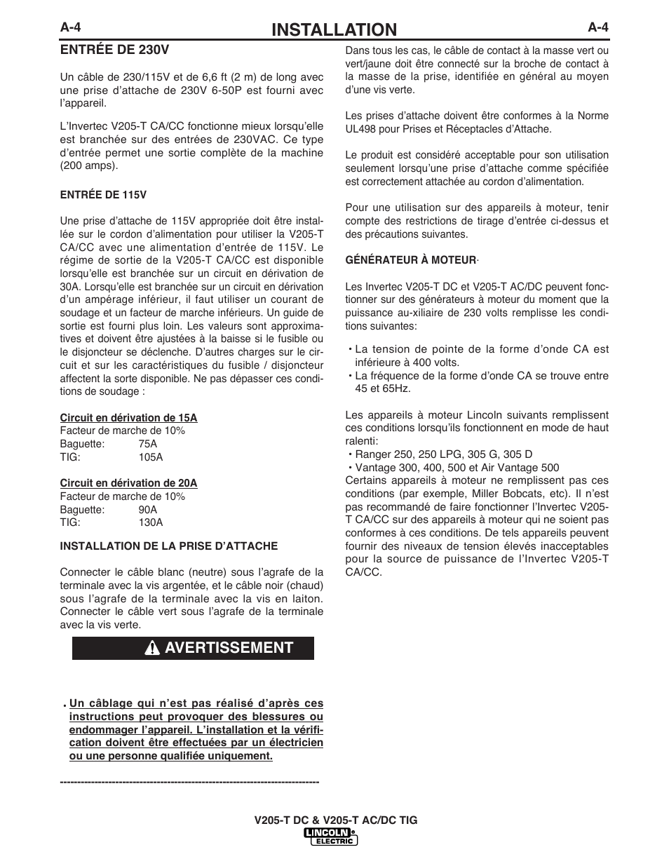 Installation, Avertissement | Lincoln Electric IM937 INVERTEC V205-T AC_DC TIG User Manual | Page 13 / 40