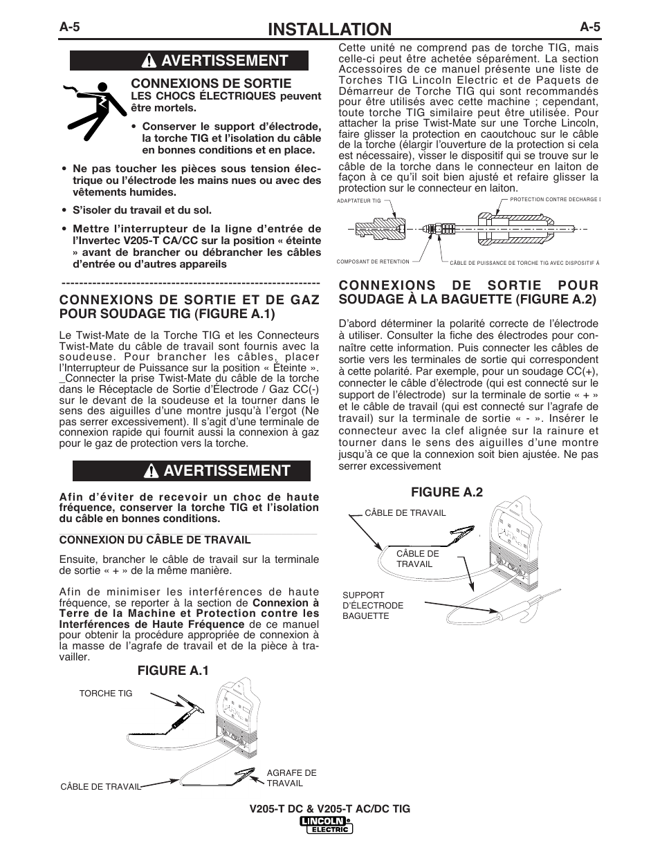 Installation, Avertissement, Figure a.2 | Connexions de sortie, Figure a.1 | Lincoln Electric IM937 INVERTEC V205-T AC_DC TIG User Manual | Page 14 / 40