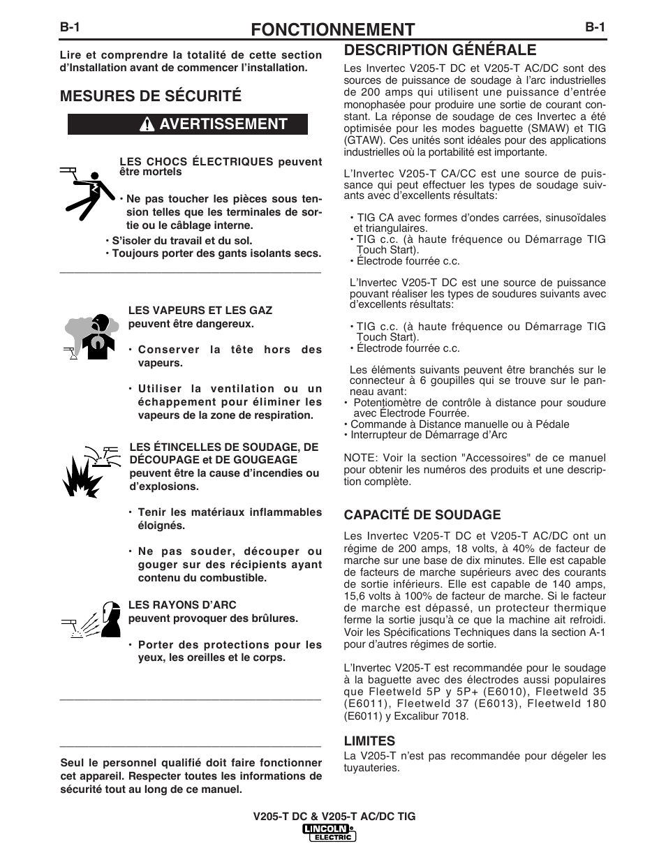 Fonctionnement, Mesures de sécurité, Description générale | Avertissement | Lincoln Electric IM937 INVERTEC V205-T AC_DC TIG User Manual | Page 16 / 40