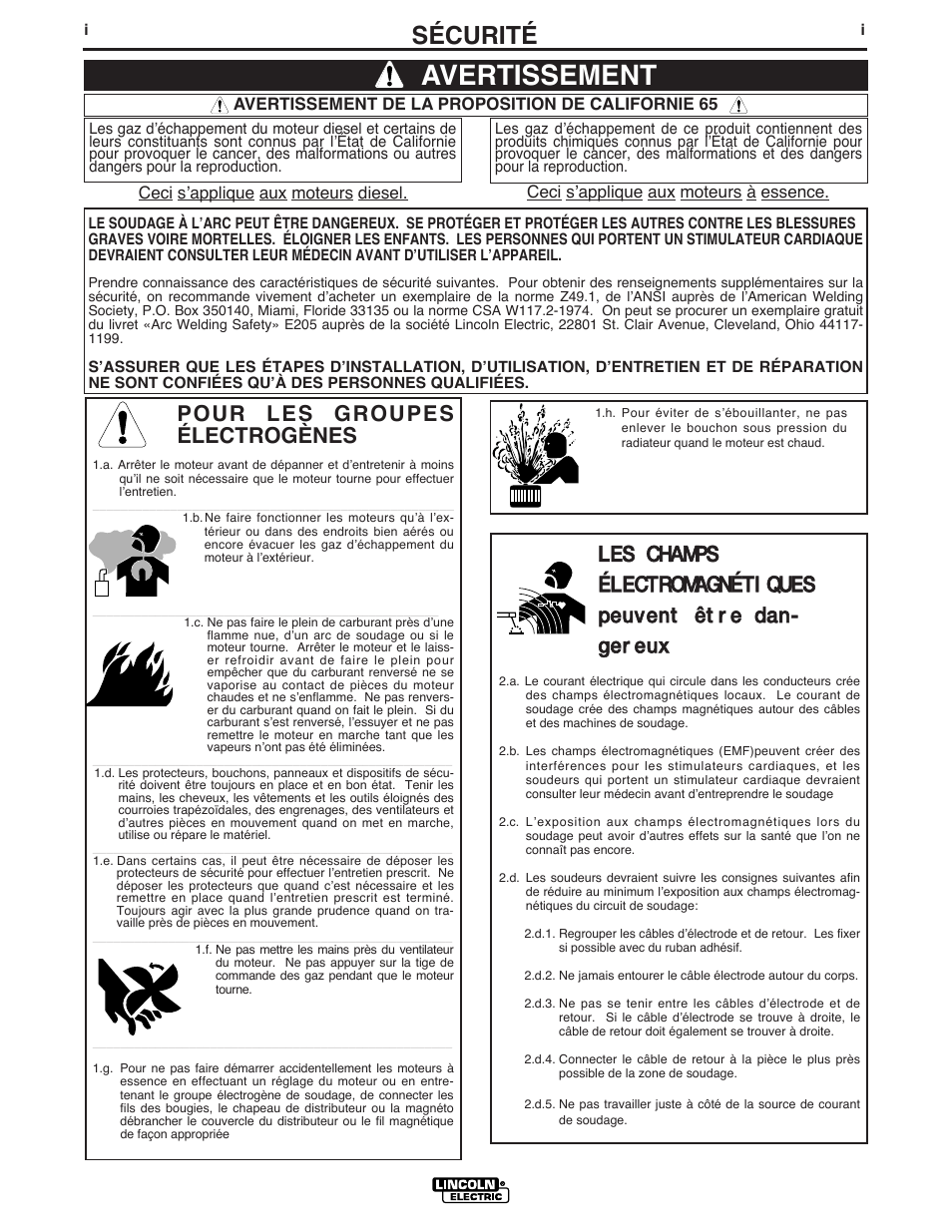 Avertissement, Sécurité, Pour les groupes électrogènes | Lincoln Electric IM937 INVERTEC V205-T AC_DC TIG User Manual | Page 2 / 40