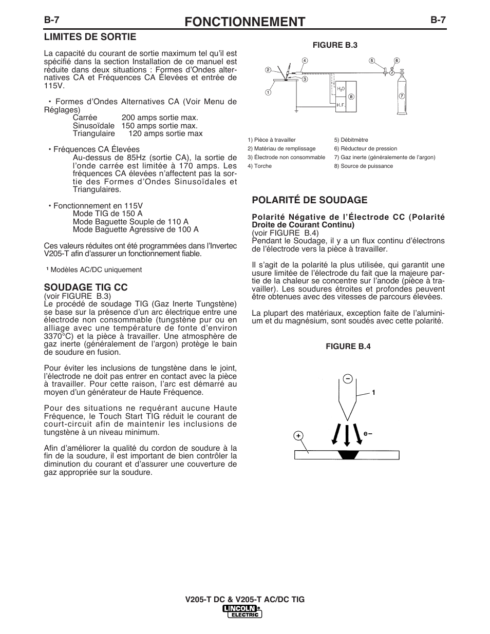 Fonctionnement, B-7 polarité de soudage, Limites de sortie | Soudage tig cc | Lincoln Electric IM937 INVERTEC V205-T AC_DC TIG User Manual | Page 22 / 40