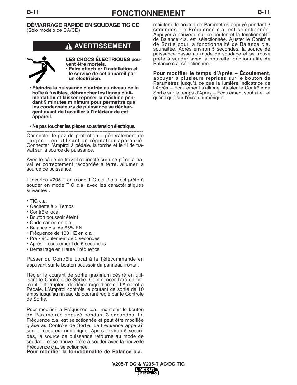 Fonctionnement, Avertissement | Lincoln Electric IM937 INVERTEC V205-T AC_DC TIG User Manual | Page 26 / 40