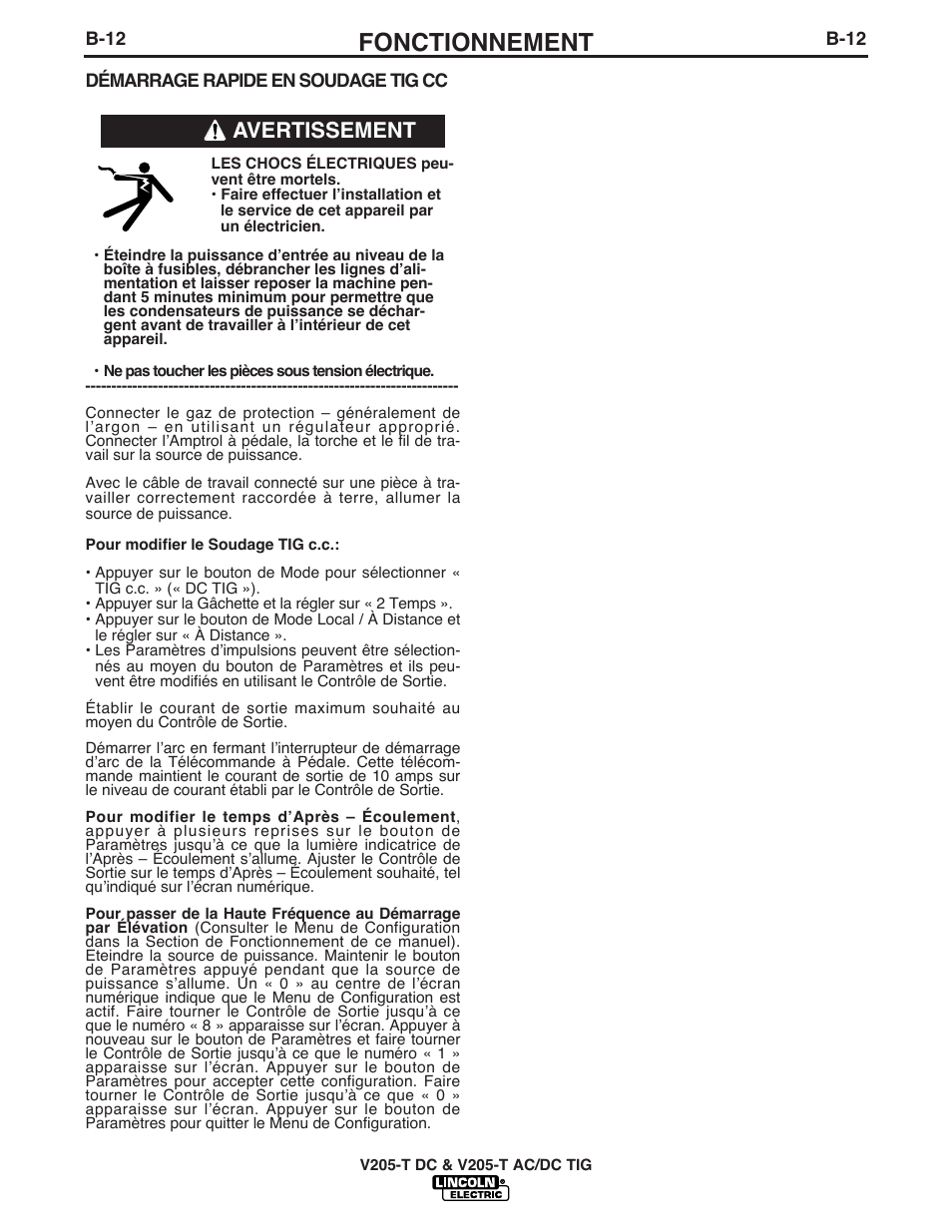 Fonctionnement, Avertissement | Lincoln Electric IM937 INVERTEC V205-T AC_DC TIG User Manual | Page 27 / 40
