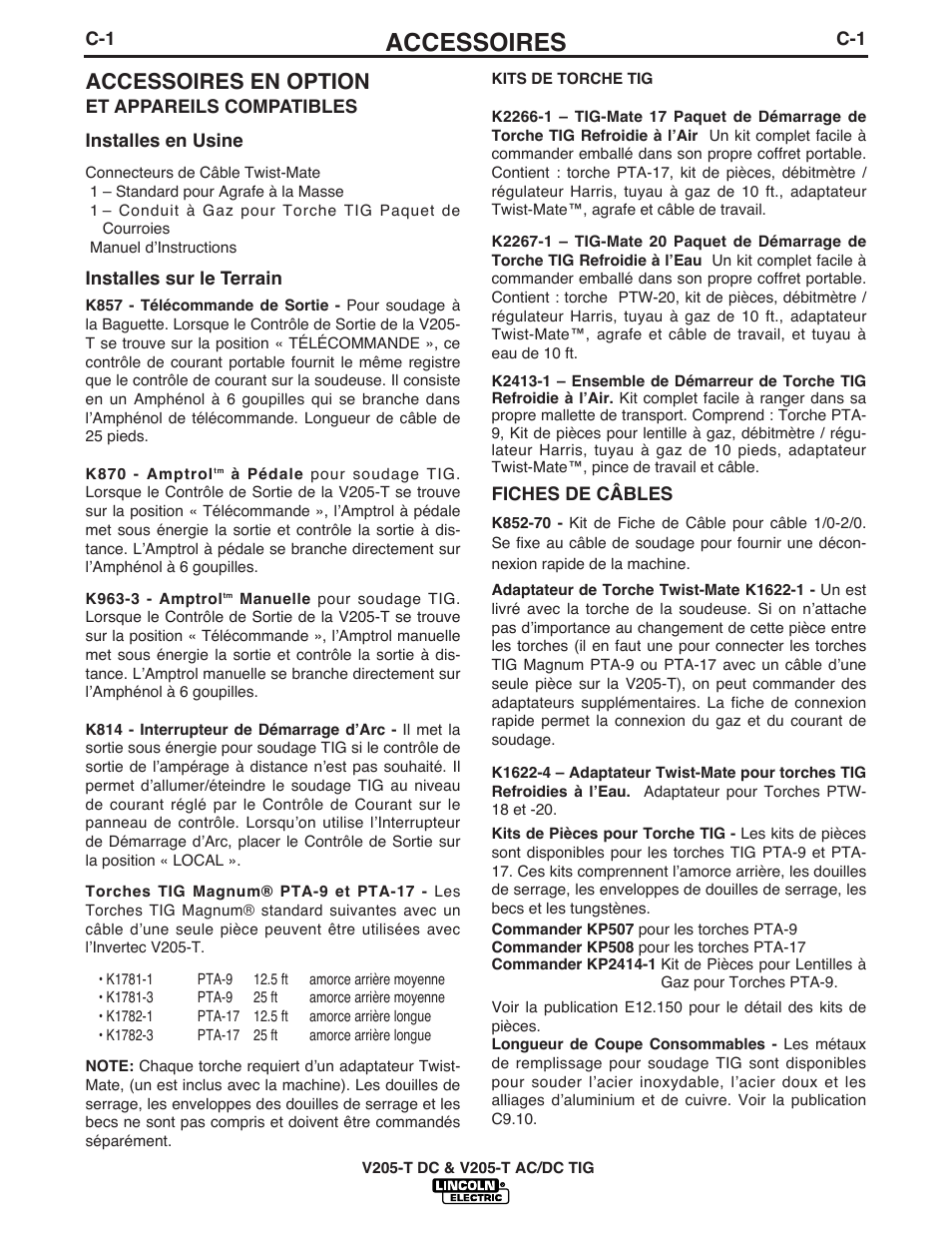 Accessoires, Accessoires en option | Lincoln Electric IM937 INVERTEC V205-T AC_DC TIG User Manual | Page 28 / 40