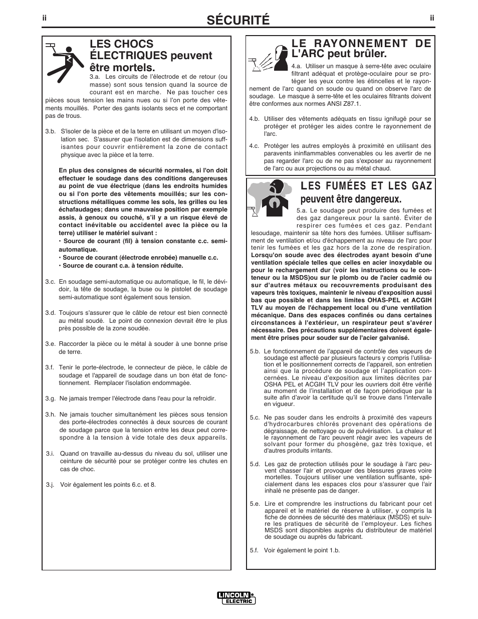 Sécurité, Le rayonnement de l'arc peut brûler, Les chocs électriques peuvent être mortels | Les fumées et les gaz peuvent être dangereux | Lincoln Electric IM937 INVERTEC V205-T AC_DC TIG User Manual | Page 3 / 40