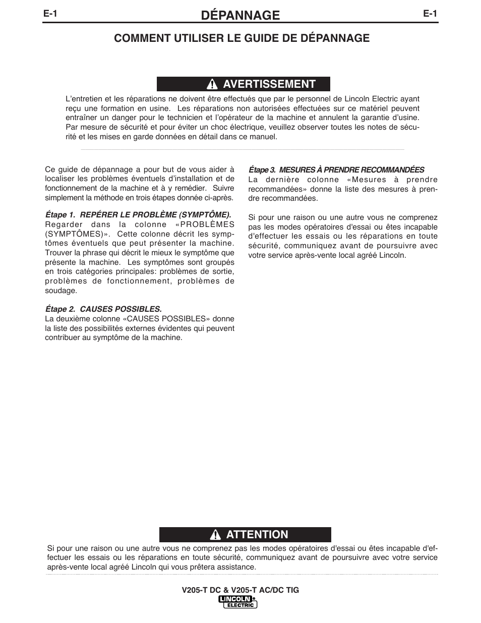 Dépannage, Attention, Comment utiliser le guide de dépannage | Avertissement | Lincoln Electric IM937 INVERTEC V205-T AC_DC TIG User Manual | Page 30 / 40