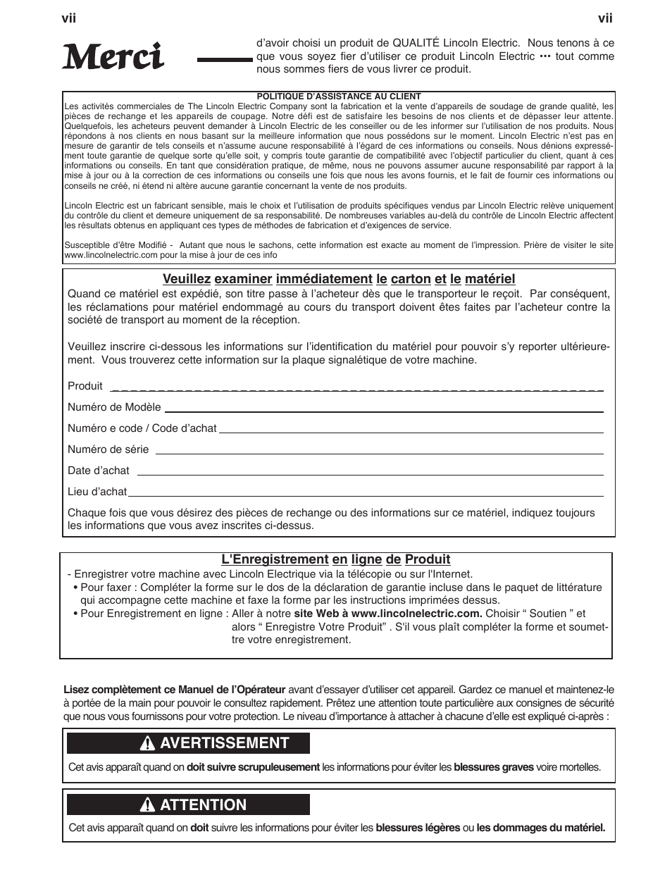 Merci, Avertissement, Attention | Lincoln Electric IM937 INVERTEC V205-T AC_DC TIG User Manual | Page 8 / 40