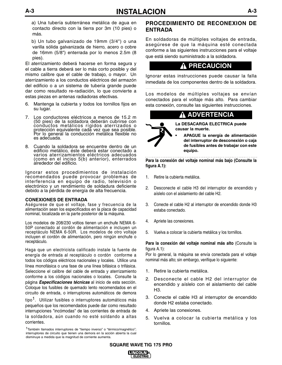 Instalacion, Precaucion, Advertencia | Lincoln Electric IM687 SQUARE WAVE TIG 175PRO User Manual | Page 10 / 32