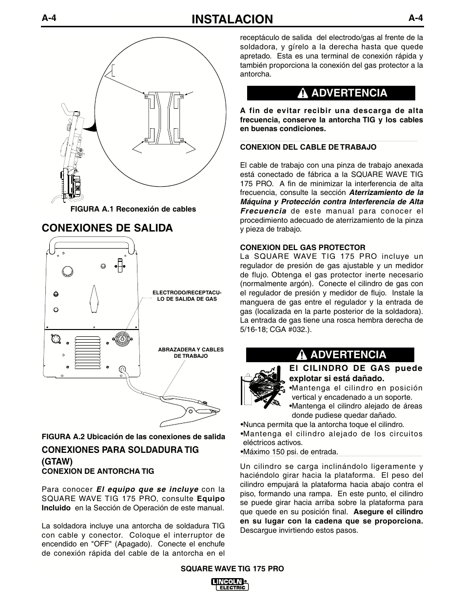Instalacion, Advertencia, Advertencia conexiones de salida | Lincoln Electric IM687 SQUARE WAVE TIG 175PRO User Manual | Page 11 / 32