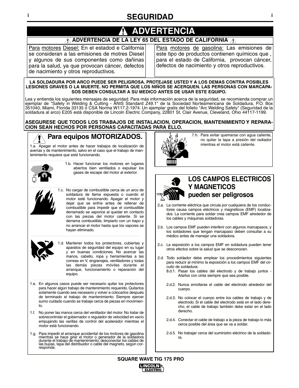 Advertencia, Seguridad, Para equipos motorizados | Lincoln Electric IM687 SQUARE WAVE TIG 175PRO User Manual | Page 2 / 32
