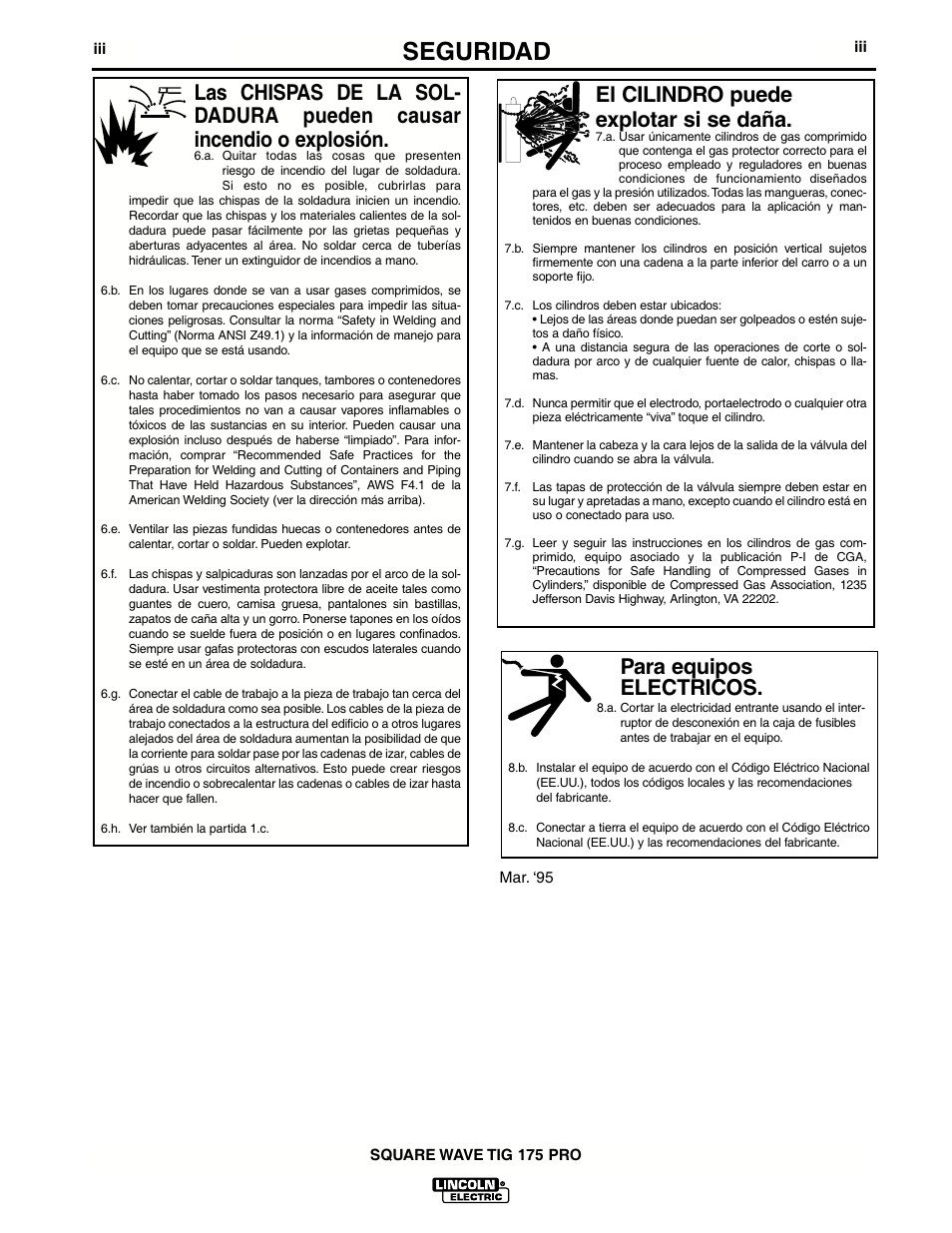 Seguridad, Para equipos electricos, El cilindro puede explotar si se daña | Lincoln Electric IM687 SQUARE WAVE TIG 175PRO User Manual | Page 4 / 32