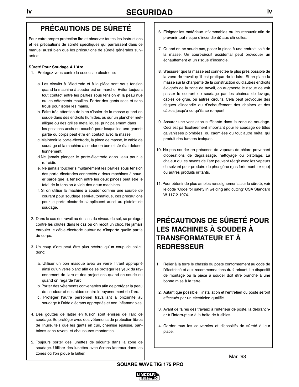 Seguridad, Précautions de sûreté | Lincoln Electric IM687 SQUARE WAVE TIG 175PRO User Manual | Page 5 / 32