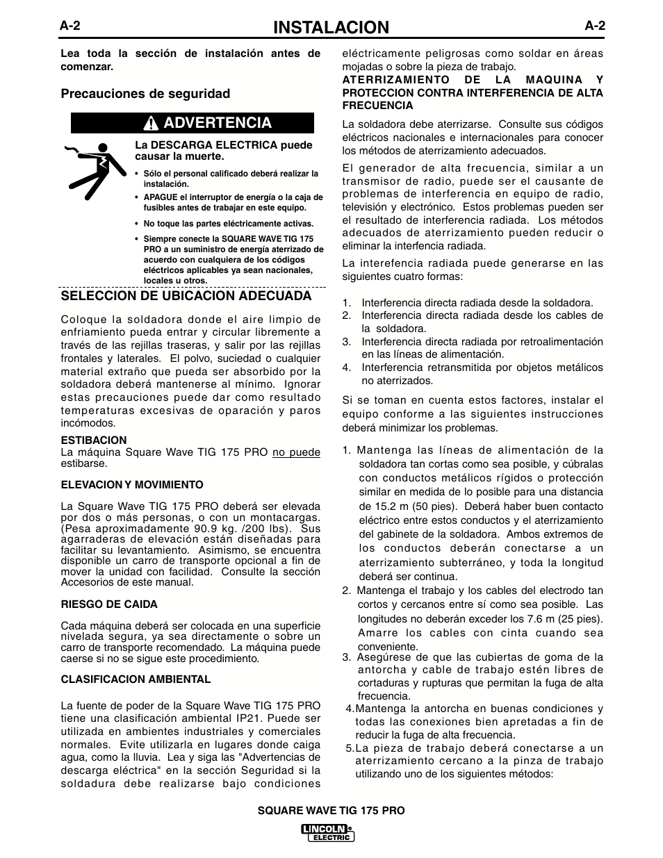 Instalacion, Advertencia | Lincoln Electric IM687 SQUARE WAVE TIG 175PRO User Manual | Page 9 / 32