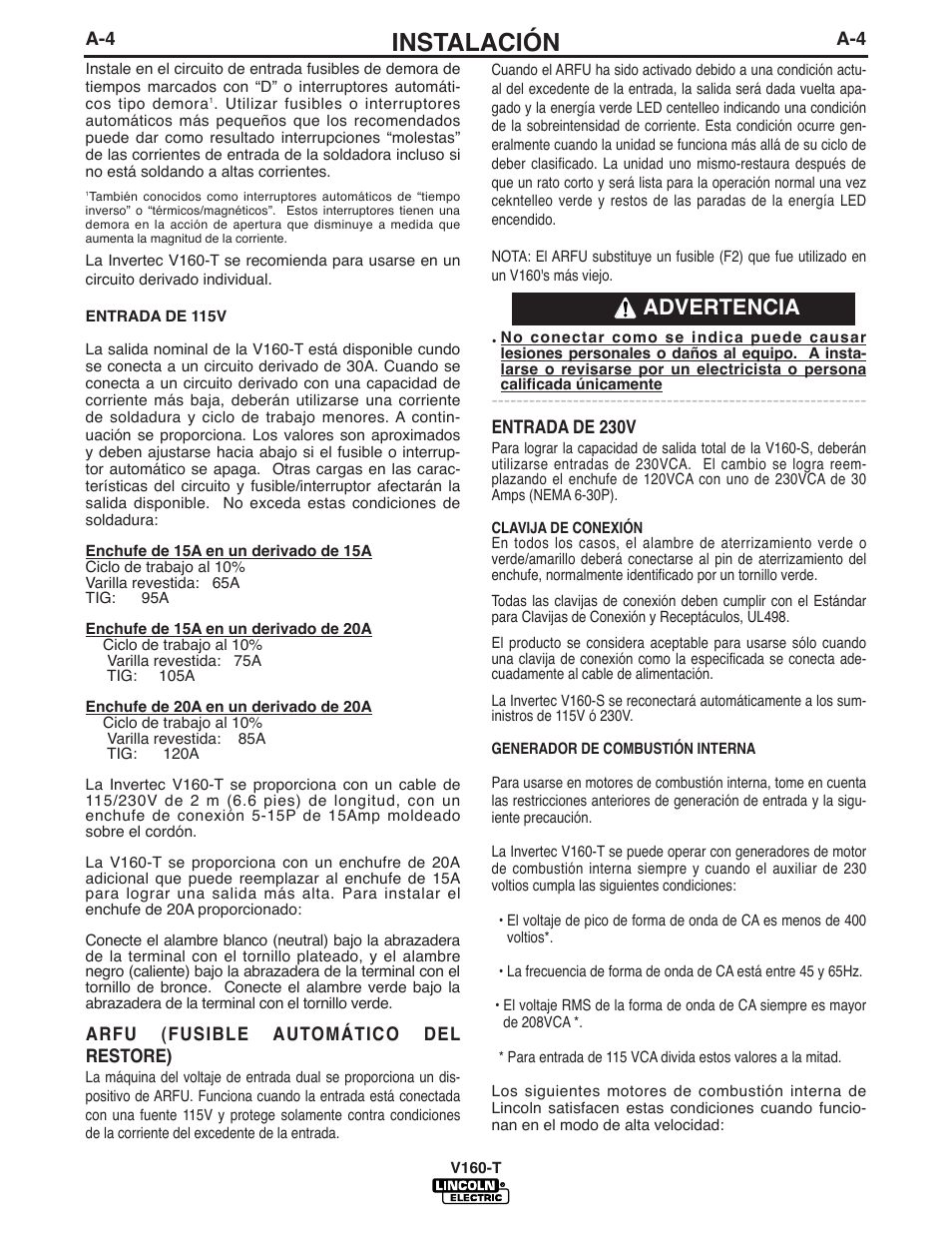 Instalación, Advertencia | Lincoln Electric IM738 INVERTEC V160-T User Manual | Page 11 / 36