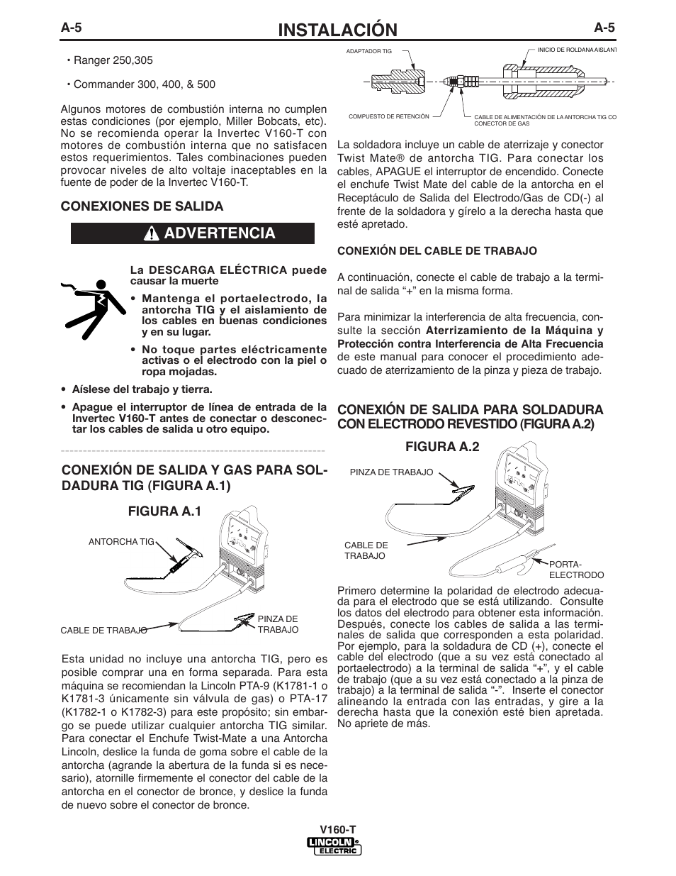 Instalación, Advertencia | Lincoln Electric IM738 INVERTEC V160-T User Manual | Page 12 / 36