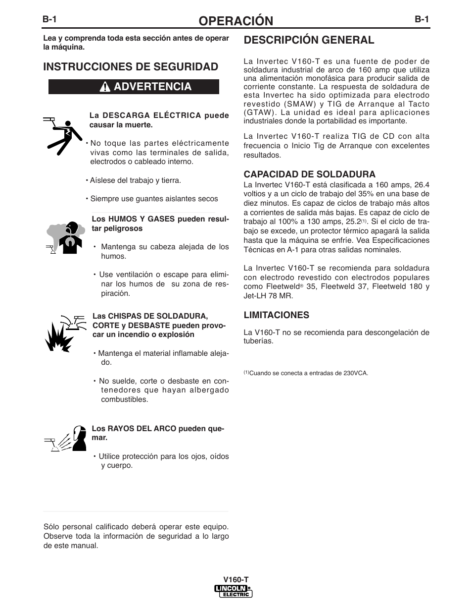 Operación, Descripción general, Instrucciones de seguridad | Advertencia | Lincoln Electric IM738 INVERTEC V160-T User Manual | Page 14 / 36