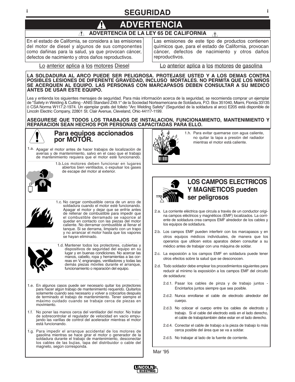 Advertencia, Seguridad, Para equipos accionados por motor | Lincoln Electric IM738 INVERTEC V160-T User Manual | Page 2 / 36