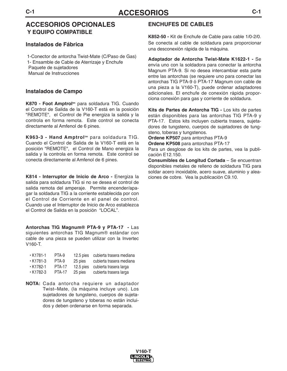 Accesorios, Accesorios opcionales | Lincoln Electric IM738 INVERTEC V160-T User Manual | Page 25 / 36