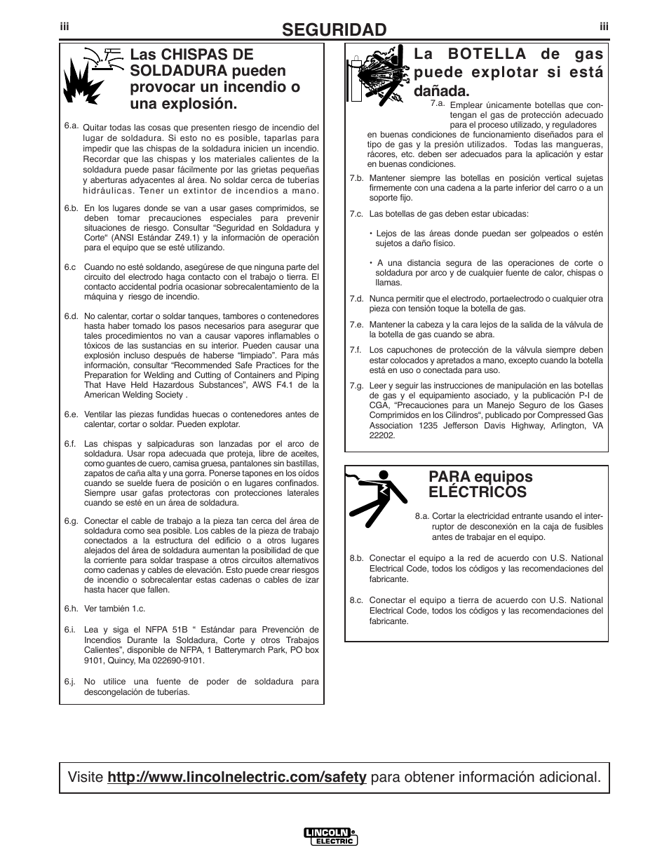 Seguridad, Para equipos eléctricos, La botella de gas puede explotar si está dañada | Lincoln Electric IM738 INVERTEC V160-T User Manual | Page 4 / 36