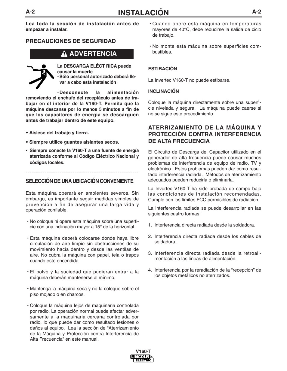 Instalación, Advertencia | Lincoln Electric IM738 INVERTEC V160-T User Manual | Page 9 / 36