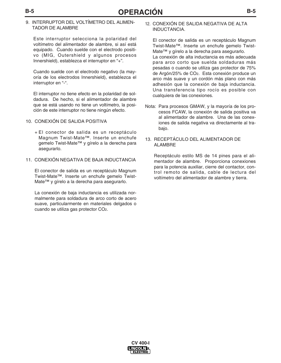 Operación | Lincoln Electric IM861 IDEALARC CV 400-I User Manual | Page 16 / 44