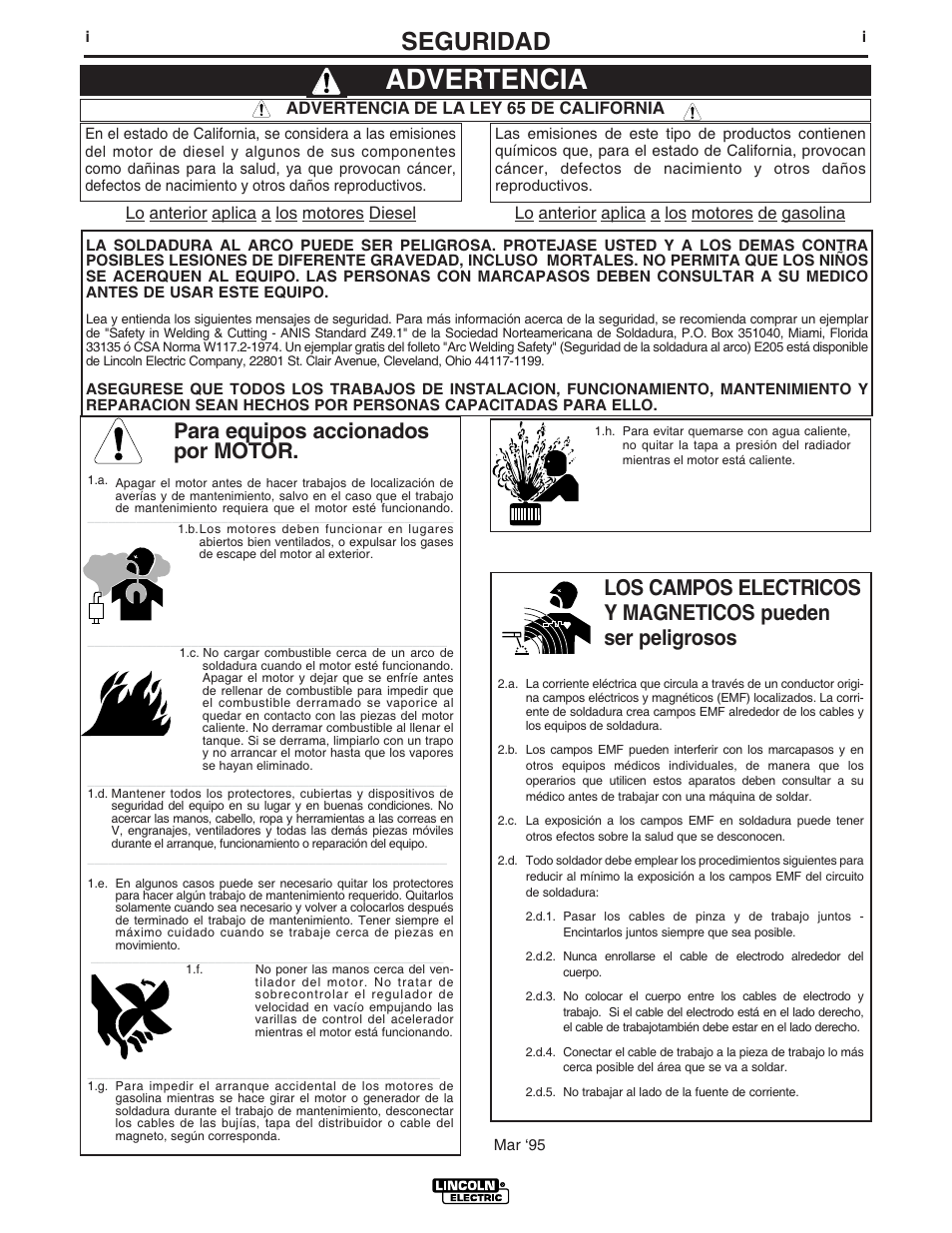 Advertencia, Seguridad, Para equipos accionados por motor | Advertencia de la ley 65 de california | Lincoln Electric IM861 IDEALARC CV 400-I User Manual | Page 2 / 44