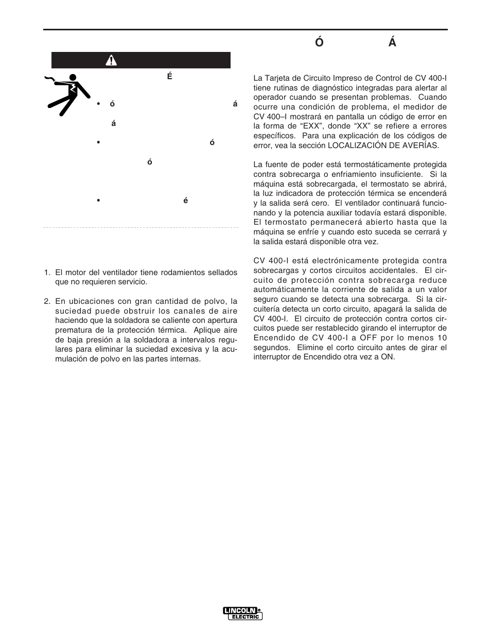 Mantenimiento, Mantenimiento general, Protecci ó n de la m á quina y circuitos | Advertencia | Lincoln Electric IM861 IDEALARC CV 400-I User Manual | Page 20 / 44