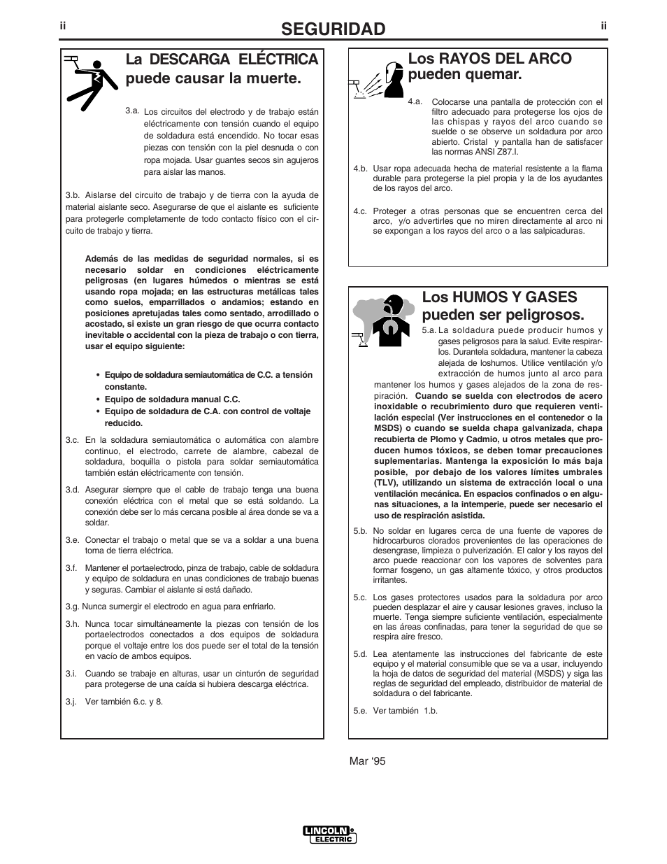 Seguridad, Los rayos del arco pueden quemar, La descarga eléctrica puede causar la muerte | Los humos y gases pueden ser peligrosos | Lincoln Electric IM861 IDEALARC CV 400-I User Manual | Page 3 / 44