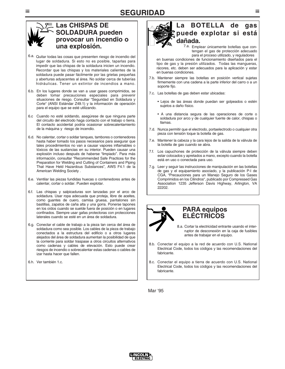 Seguridad, Para equipos eléctricos, La botella de gas puede explotar si está dañada | Lincoln Electric IM861 IDEALARC CV 400-I User Manual | Page 4 / 44