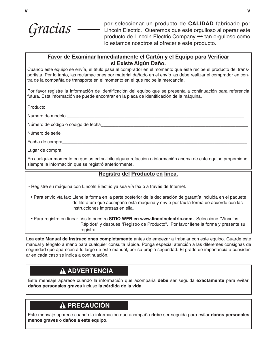 Gracias | Lincoln Electric IM861 IDEALARC CV 400-I User Manual | Page 6 / 44