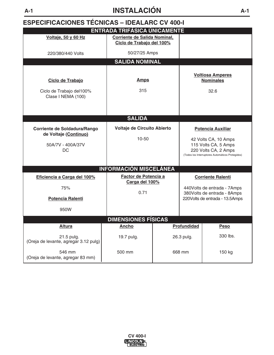 Instalación, Especificaciones técnicas – idealarc cv 400-i | Lincoln Electric IM861 IDEALARC CV 400-I User Manual | Page 8 / 44