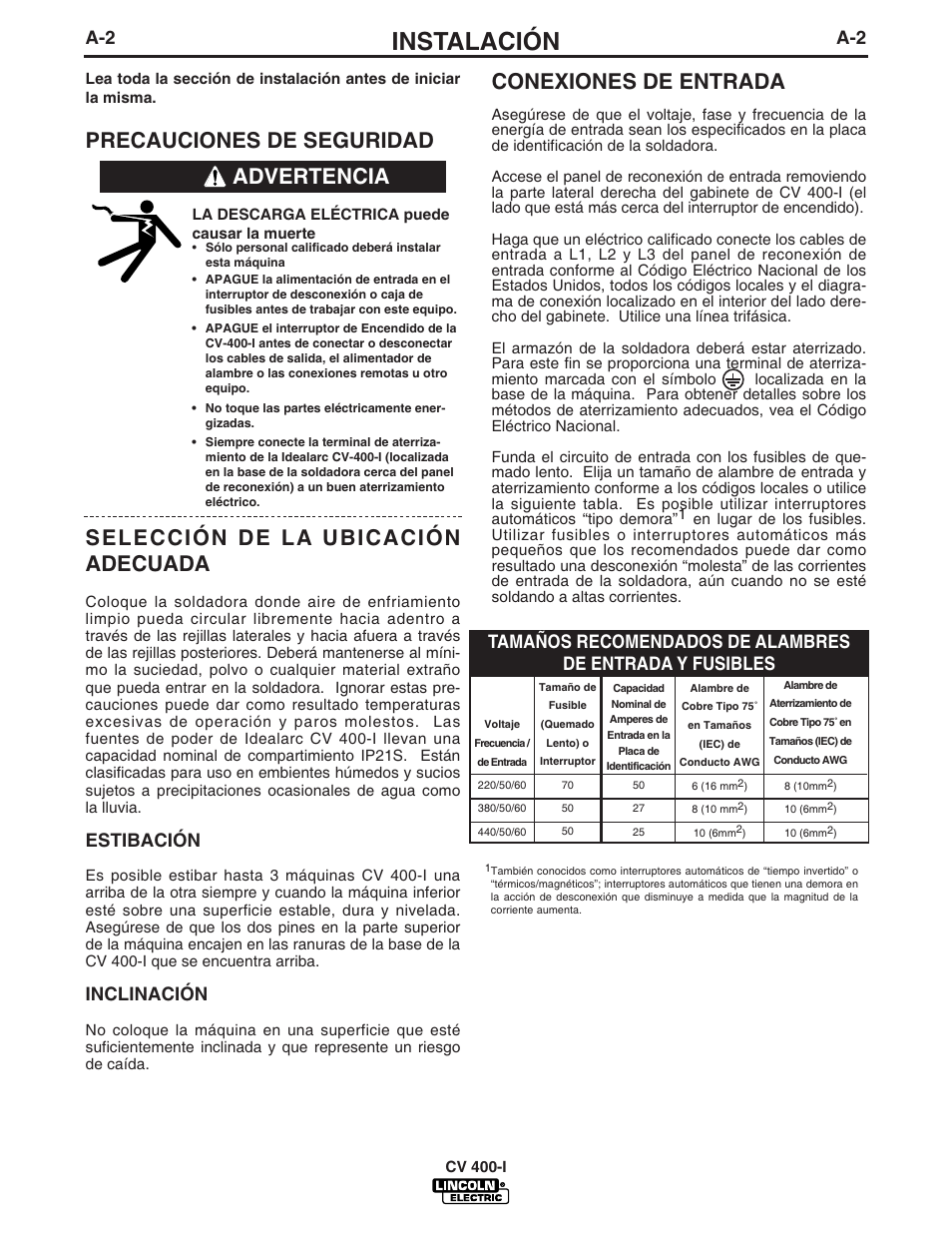 Instalación, Conexiones de entrada, Advertencia | Estibación, Inclinación | Lincoln Electric IM861 IDEALARC CV 400-I User Manual | Page 9 / 44