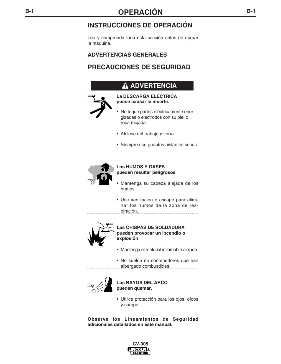 Operación, Instrucciones de operación, Precauciones de seguridad | Advertencia | Lincoln Electric IM860 IDEALARC CV-305 User Manual | Page 12 / 41