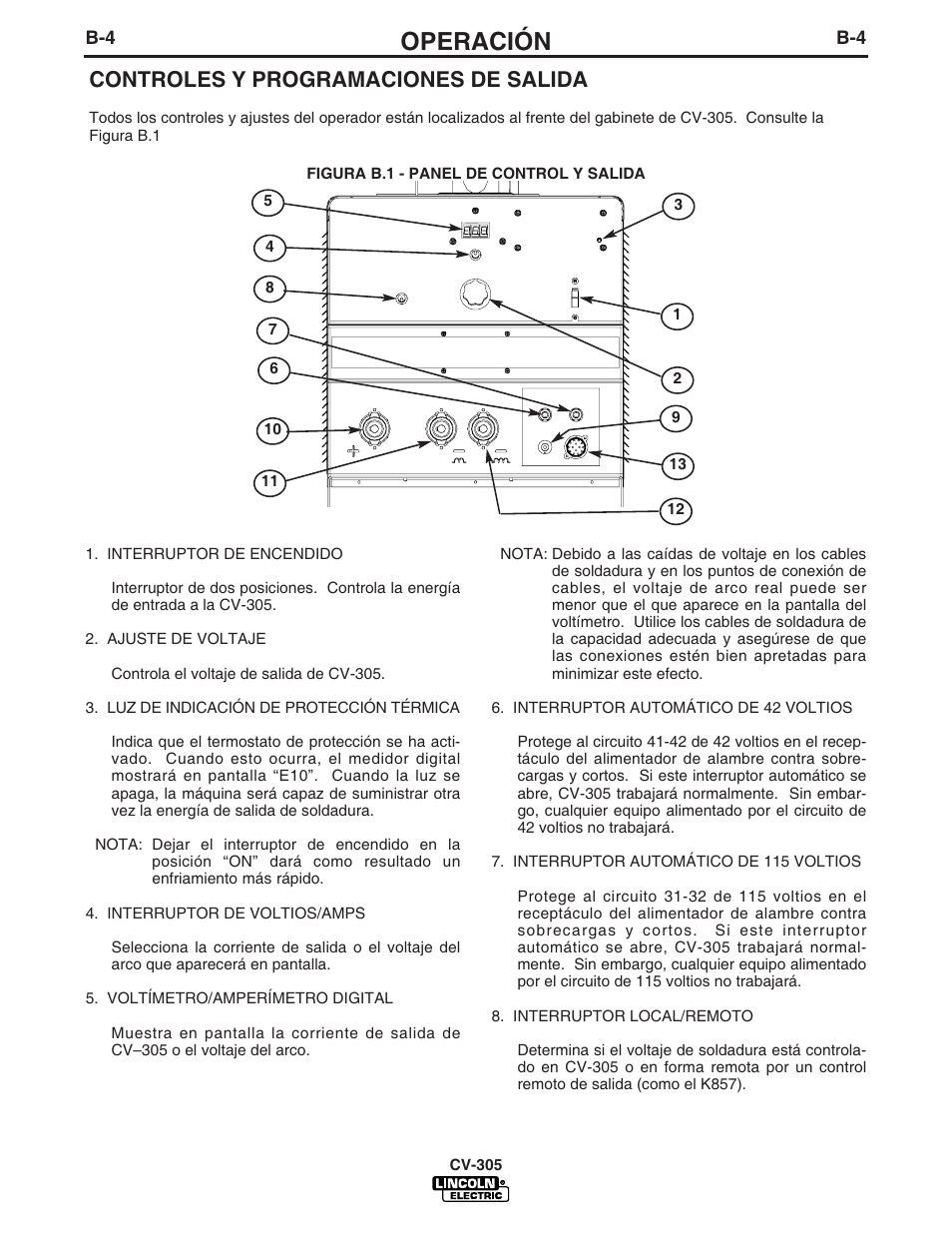 Operación, Controles y programaciones de salida | Lincoln Electric IM860 IDEALARC CV-305 User Manual | Page 15 / 41