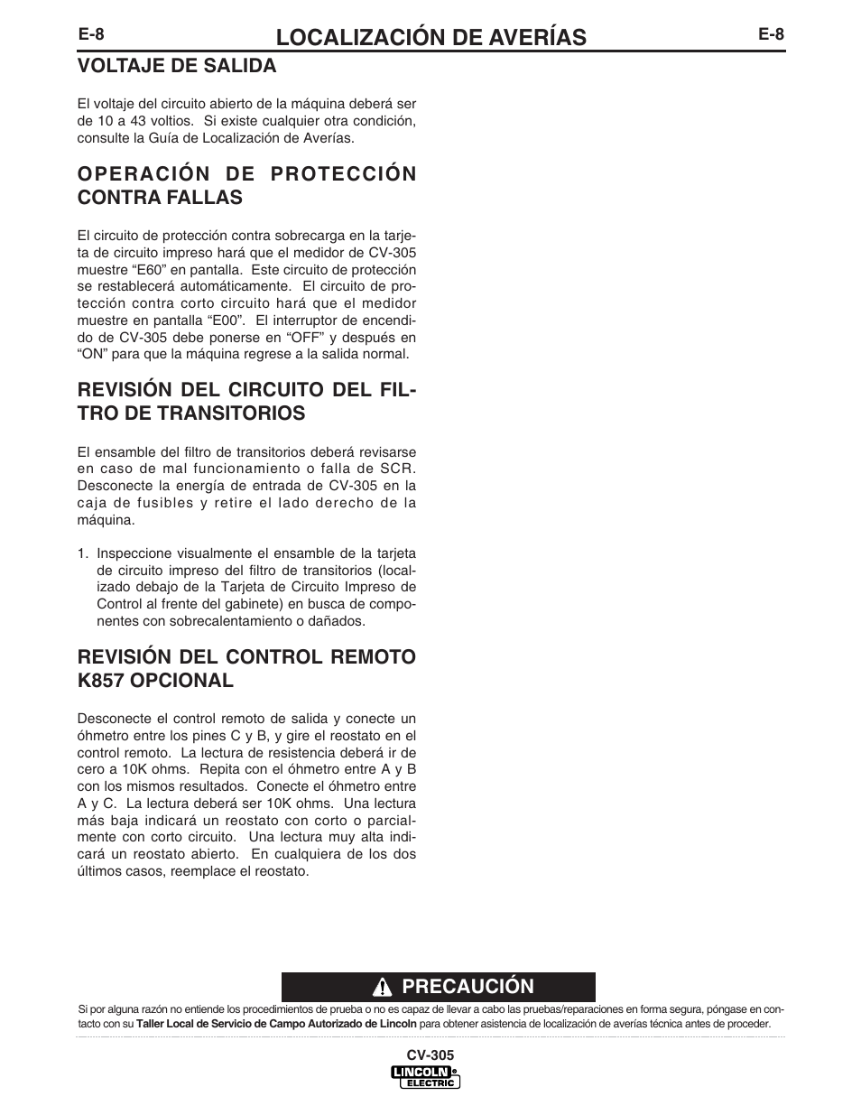 Localización de averías | Lincoln Electric IM860 IDEALARC CV-305 User Manual | Page 27 / 41