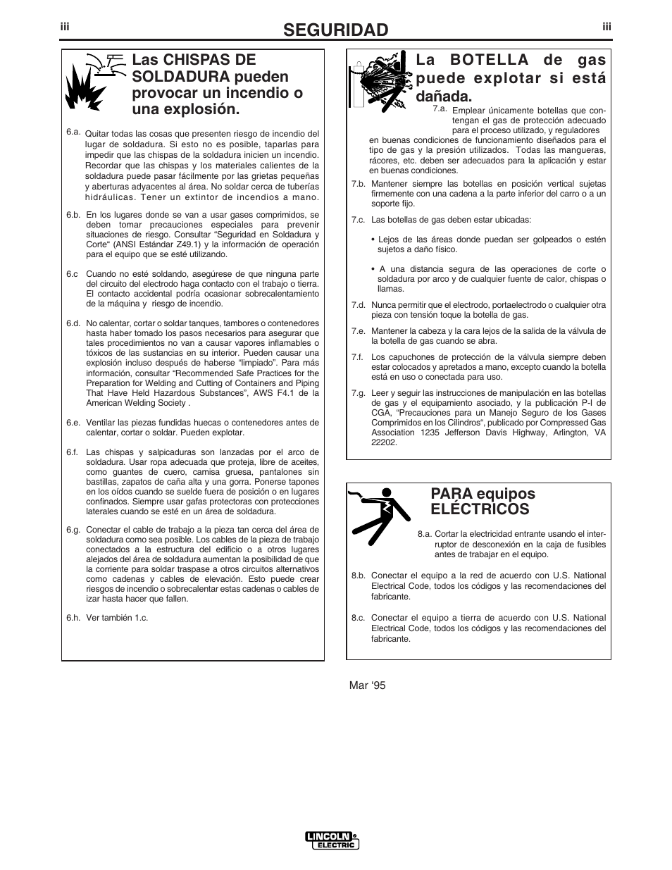 Seguridad, Para equipos eléctricos, La botella de gas puede explotar si está dañada | Lincoln Electric IM860 IDEALARC CV-305 User Manual | Page 4 / 41