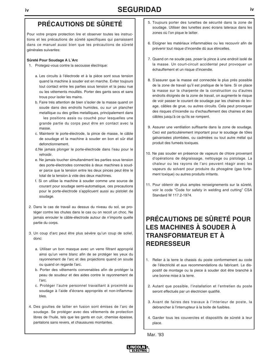 Seguridad, Précautions de sûreté | Lincoln Electric IM860 IDEALARC CV-305 User Manual | Page 5 / 41