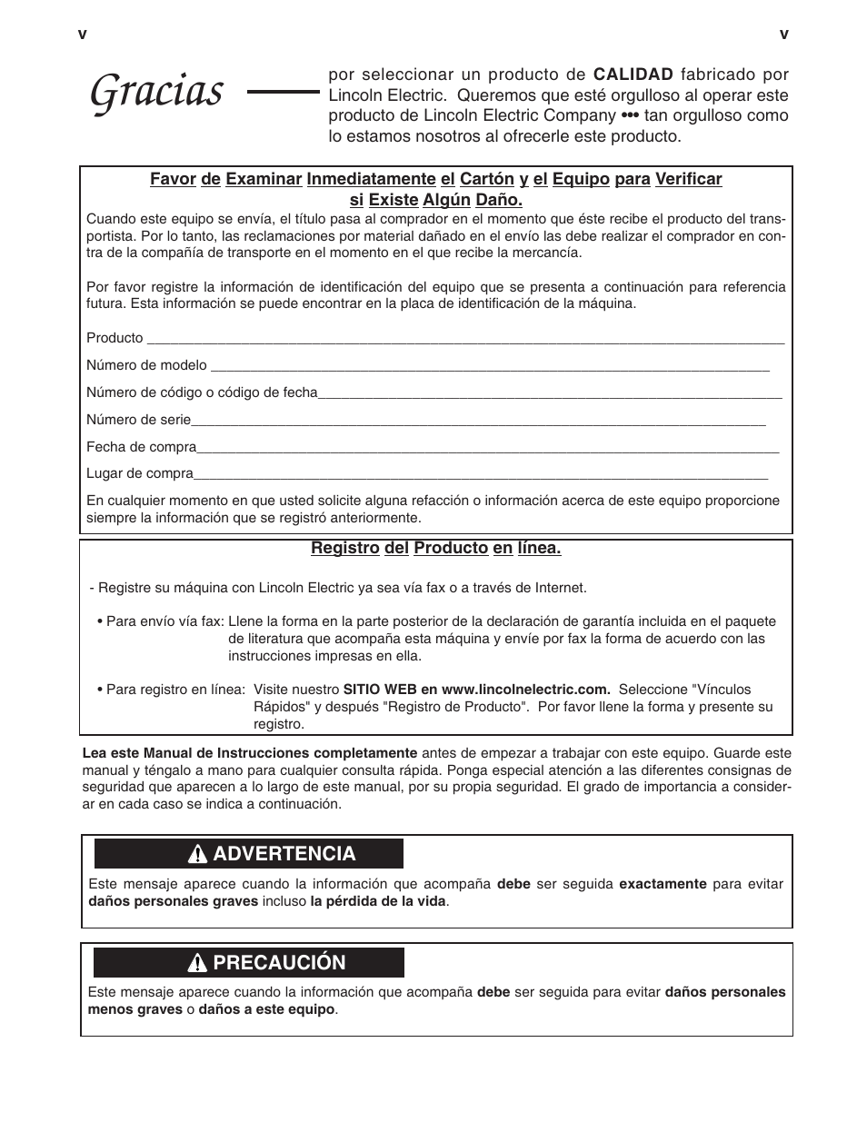 Gracias | Lincoln Electric IM860 IDEALARC CV-305 User Manual | Page 6 / 41