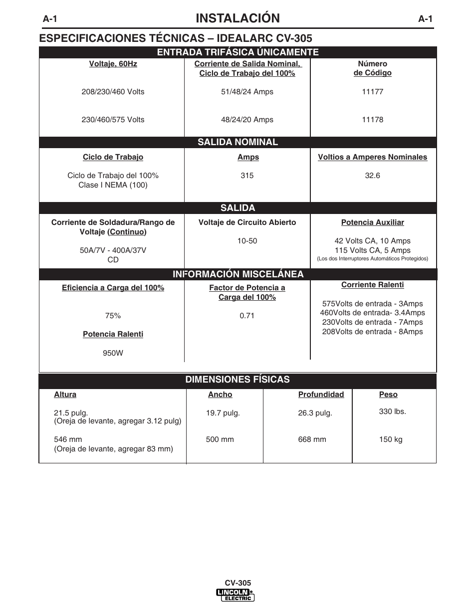 Instalación, Especificaciones técnicas – idealarc cv-305 | Lincoln Electric IM860 IDEALARC CV-305 User Manual | Page 8 / 41